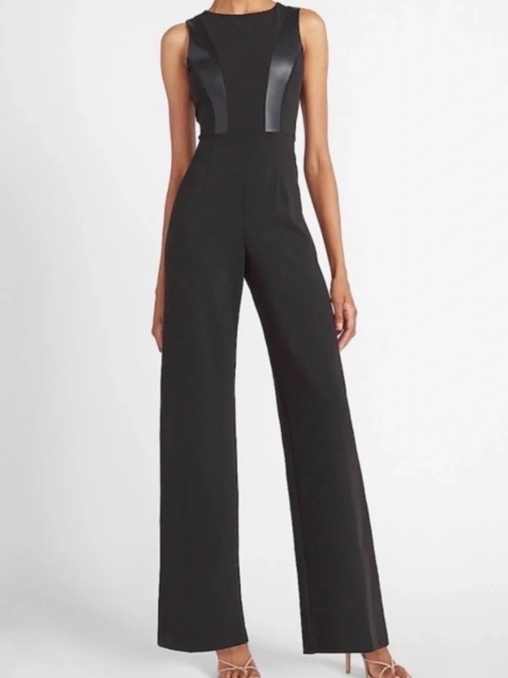 NWT Express Black Wide-Leg Jumpsuit with Faux Leather-Inset Bodice